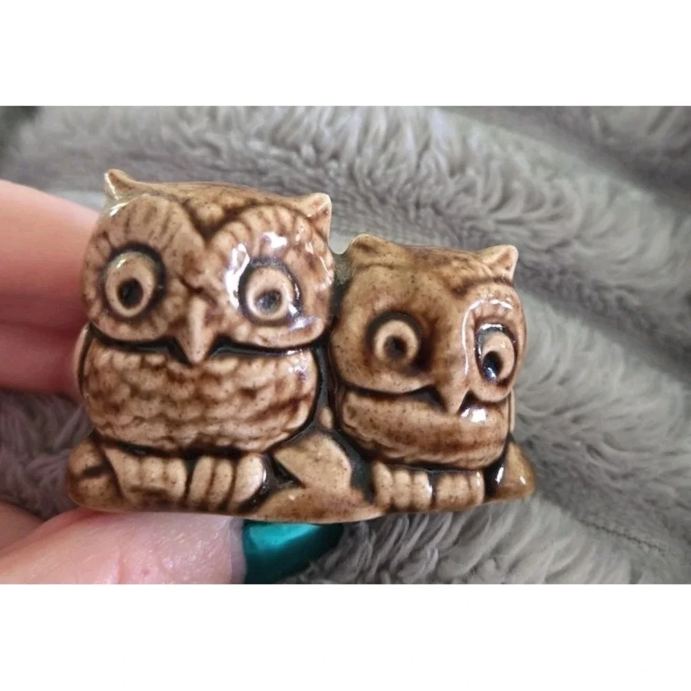 Miniature Owl Figurine Owl Pair Carved detail Ceramic 1.5